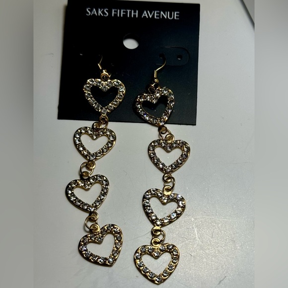Saks Fifth Avenue Gold Tone 4 Dangling Heart Pave Crystal Hook Earrings - Picture 2 of 6